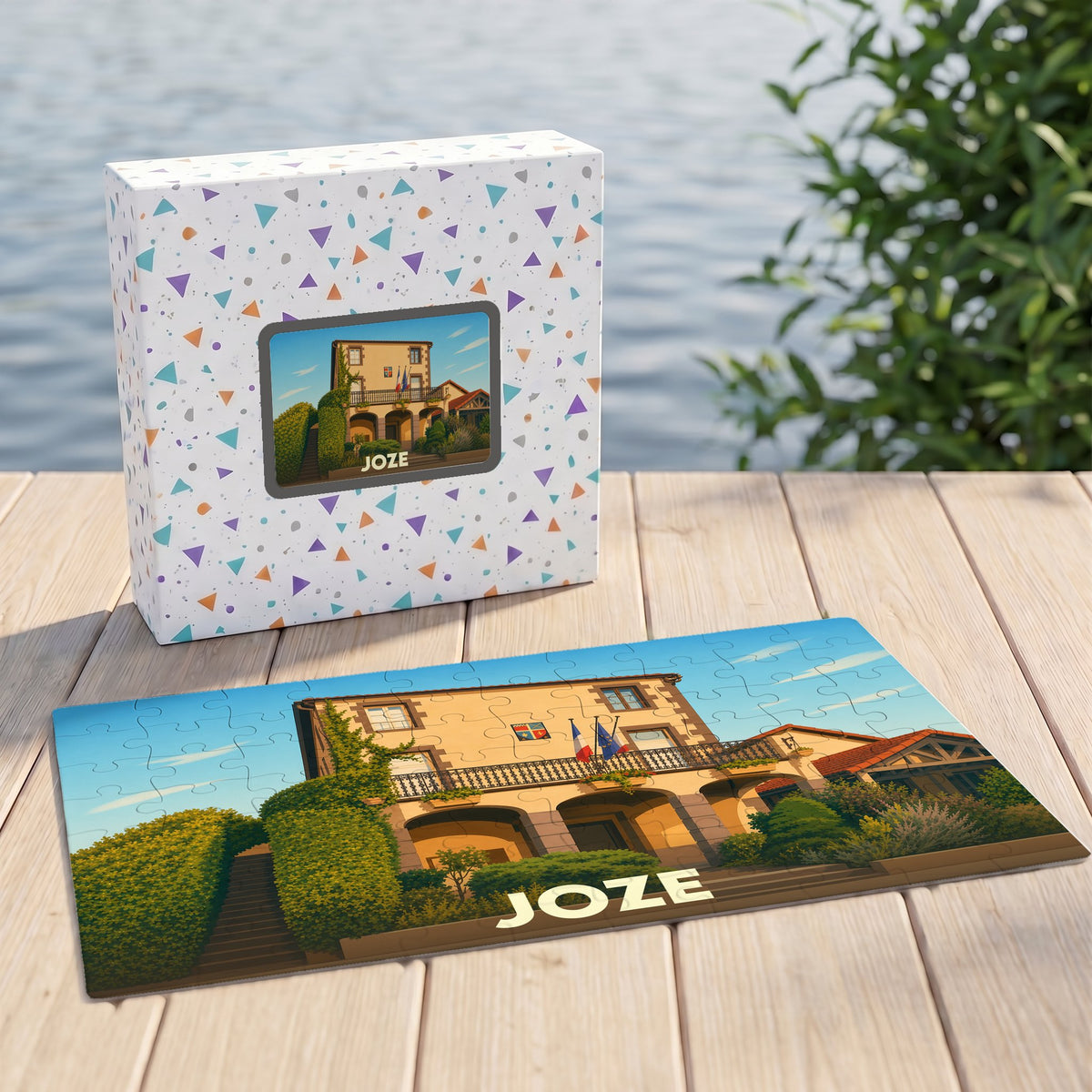 Puzzle souvenir de la ville de Joze avec une illustration stylisée de sa mairie.