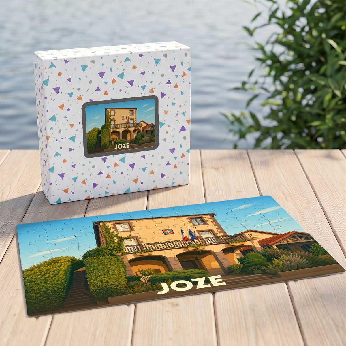 Puzzle souvenir de la ville de Joze avec une illustration stylisée de sa mairie.