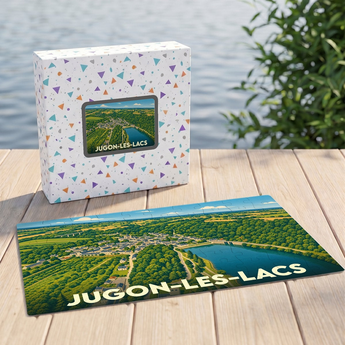 Puzzle souvenir de la ville de Jugon-les-Lacs avec une illustration panoramique stylisée.