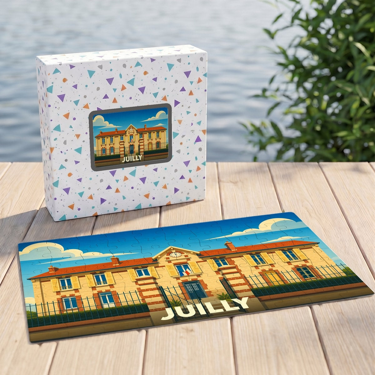 Puzzle souvenir de la ville de Juilly avec une illustration stylisée du bâtiment de la mairie.