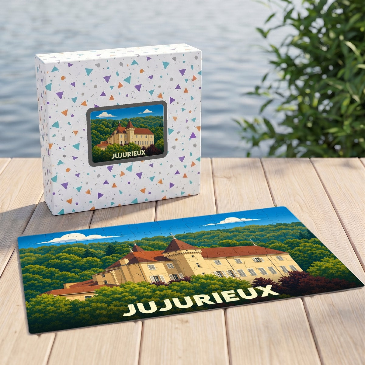Puzzle souvenir de la ville de Jujurieux représentant son château entouré de forêt dans un style illustré.