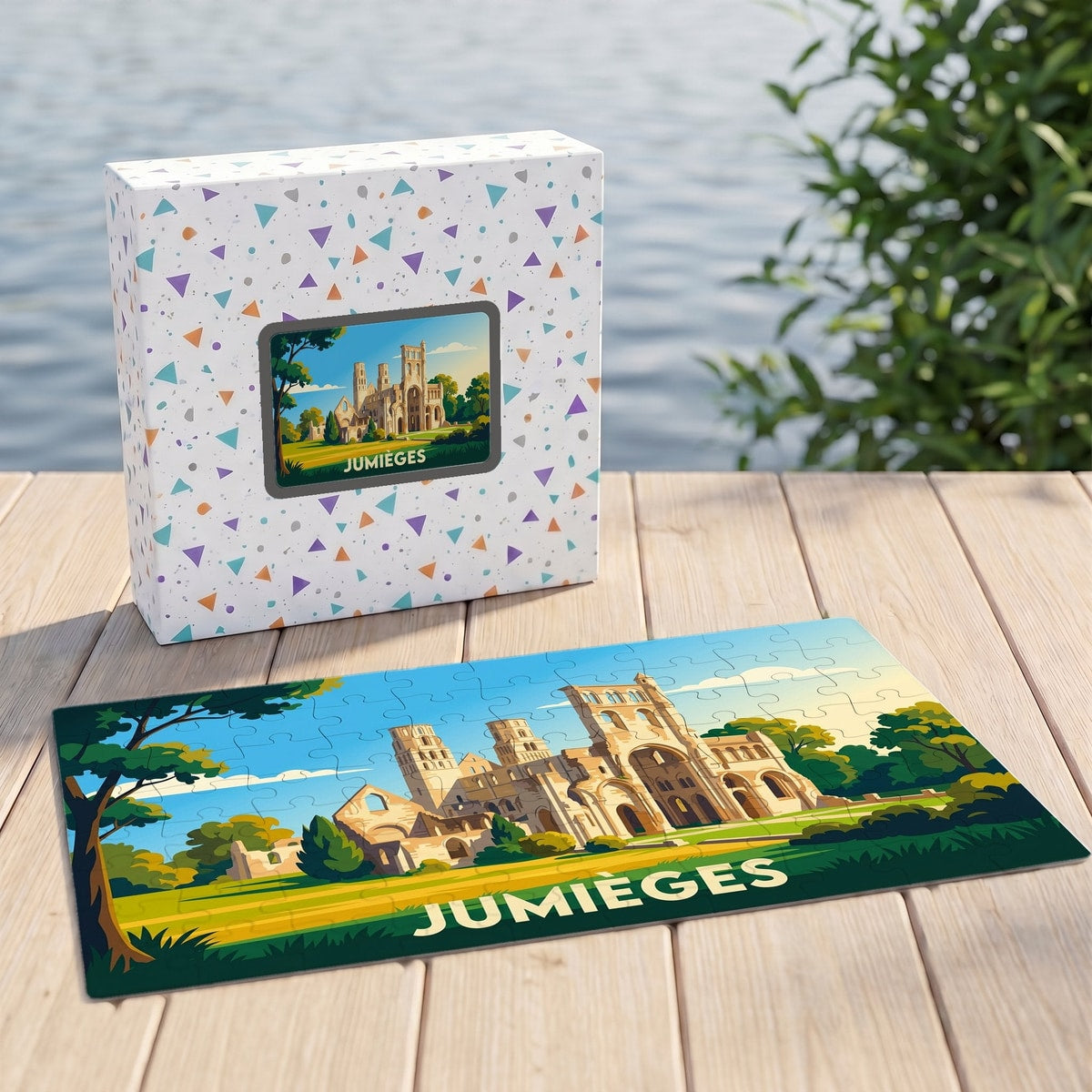 Puzzle souvenir de la ville de Jumièges présentant une illustration stylisée de son abbaye sur sa boîte et ses pièces assemblées.