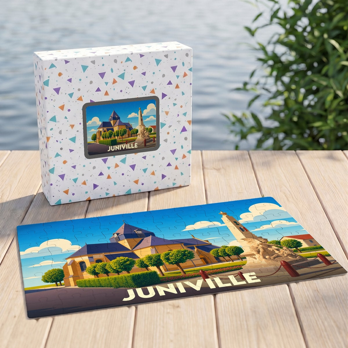 Puzzle souvenir de la ville de Juniville accompagné de sa boîte illustrée.