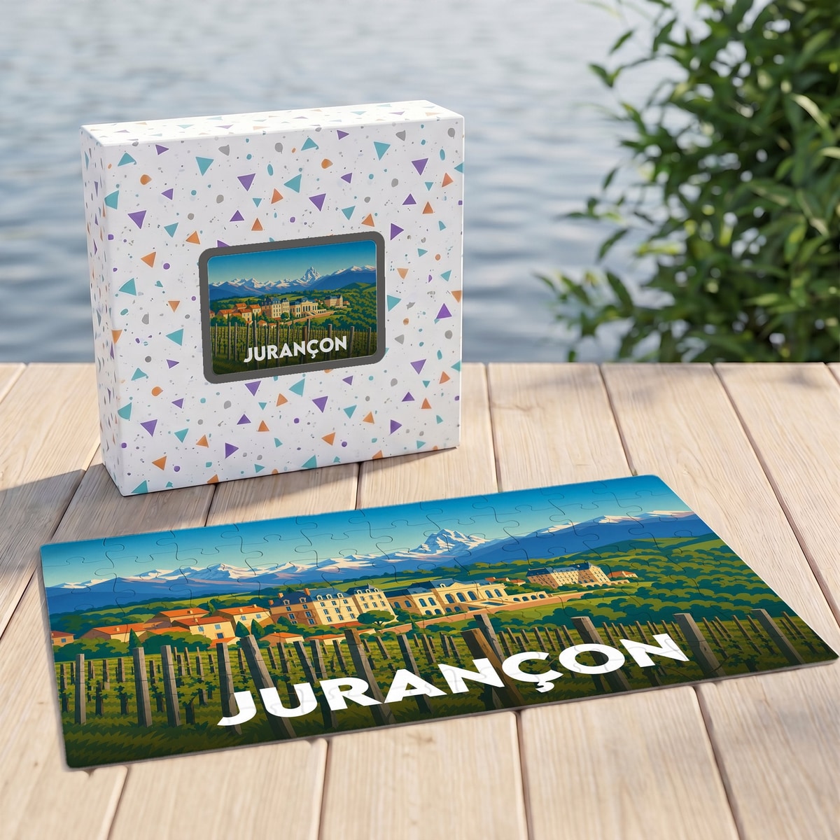 Puzzle souvenir de la ville de Jurançon présentant une illustration stylisée d'un vignoble face aux Pyrénées.
