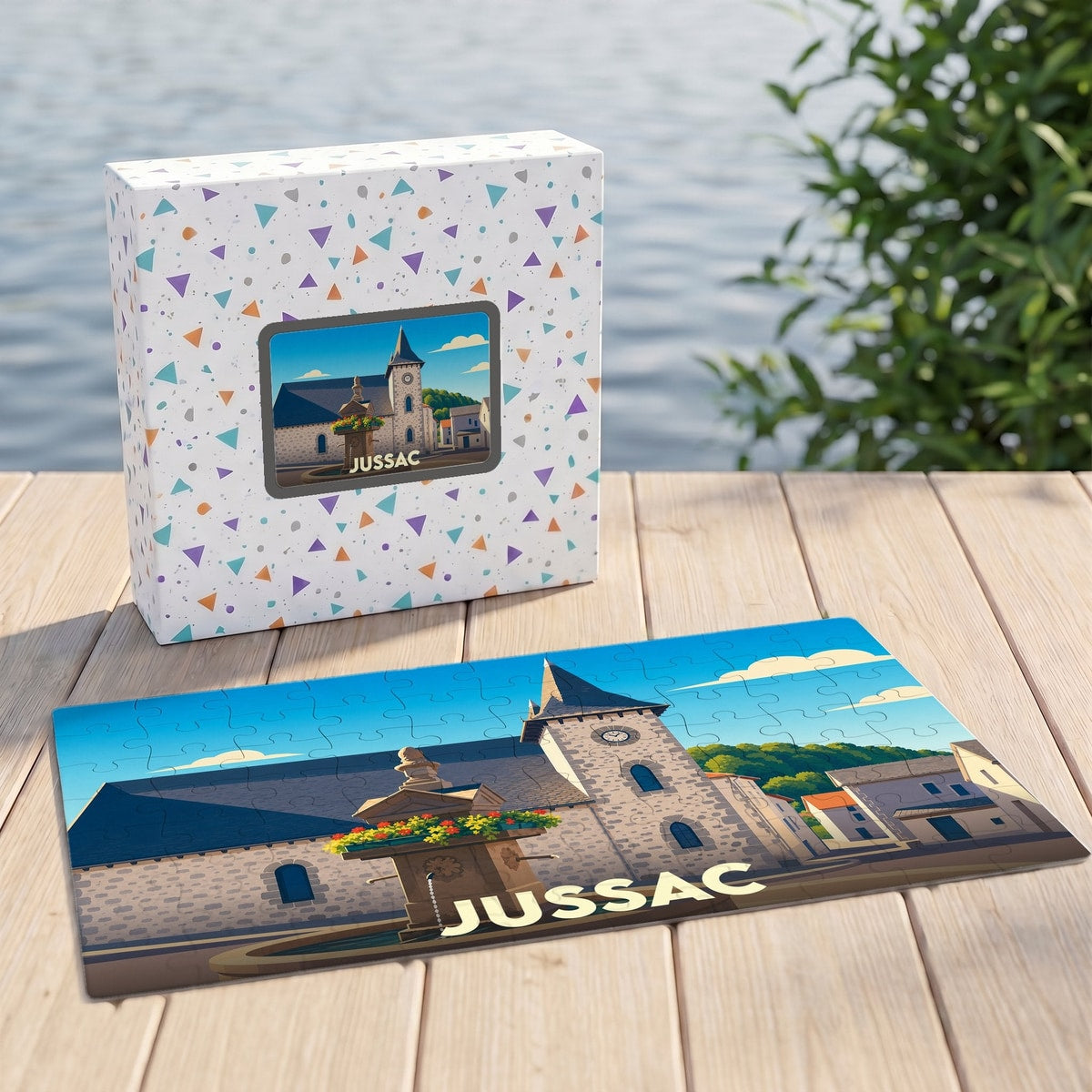 Puzzle souvenir de la ville de Jussac avec une illustration stylisée.
