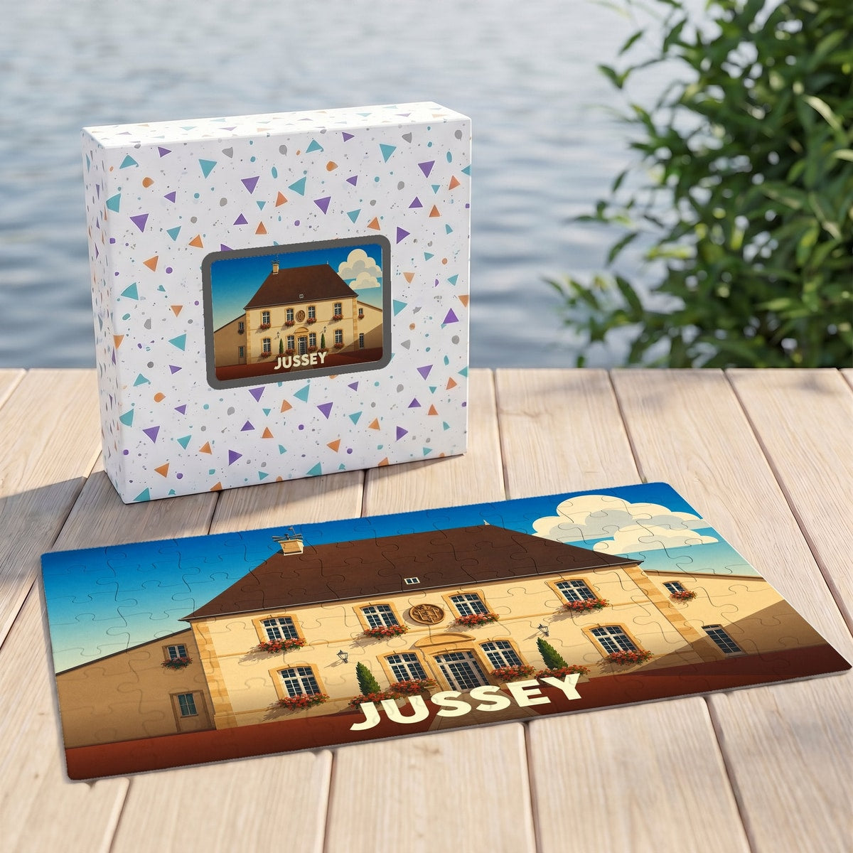 Puzzle souvenir de la ville de Jussey avec une illustration stylisée d'un bâtiment historique.