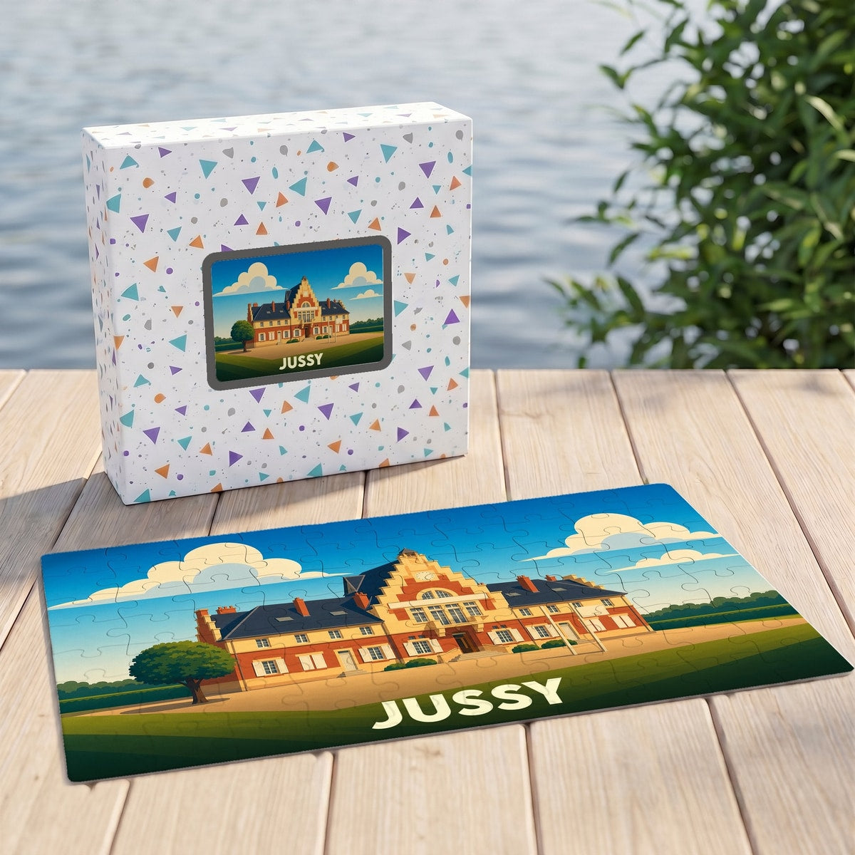 Puzzle souvenir de la ville de Jussy avec une illustration stylisée d'un bâtiment historique.