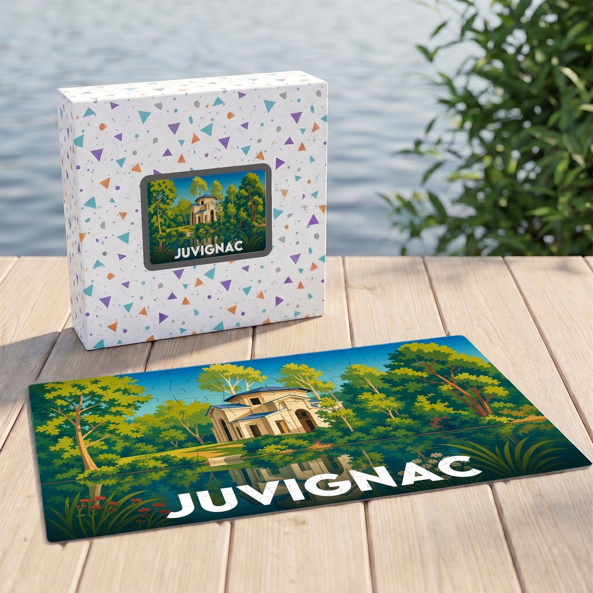 Puzzle souvenir de la ville de Juvignac avec une illustration stylisée d'un bâtiment au bord de l'eau.