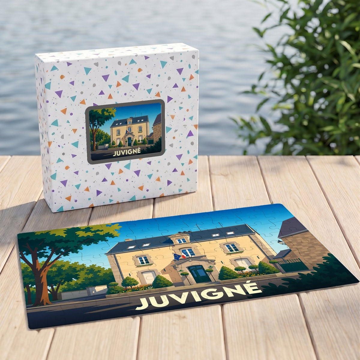 Puzzle souvenir de la ville de Juvigné avec une illustration stylisée de sa mairie.