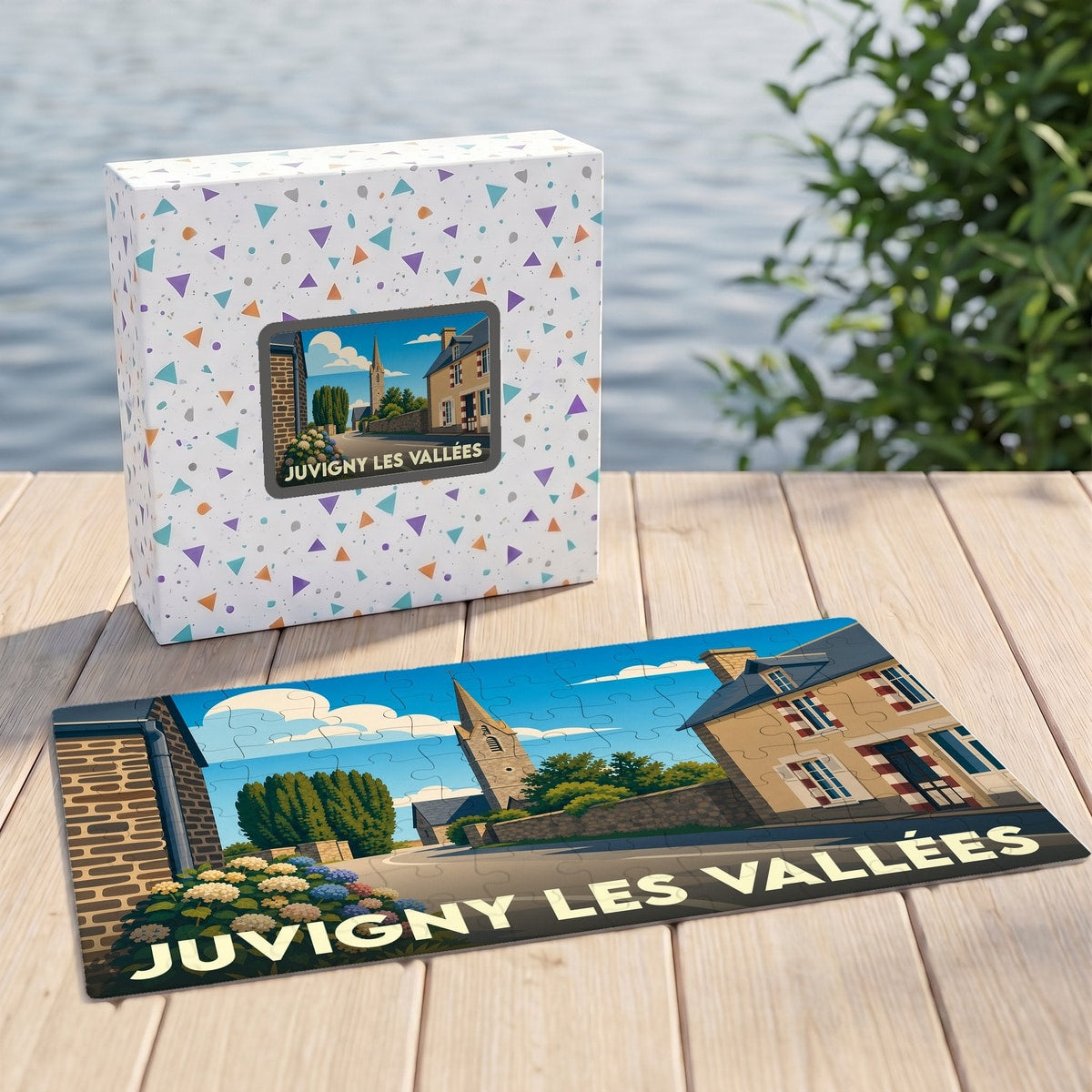 Puzzle souvenir de la ville de Juvigny les Vallées avec son coffret illustré.