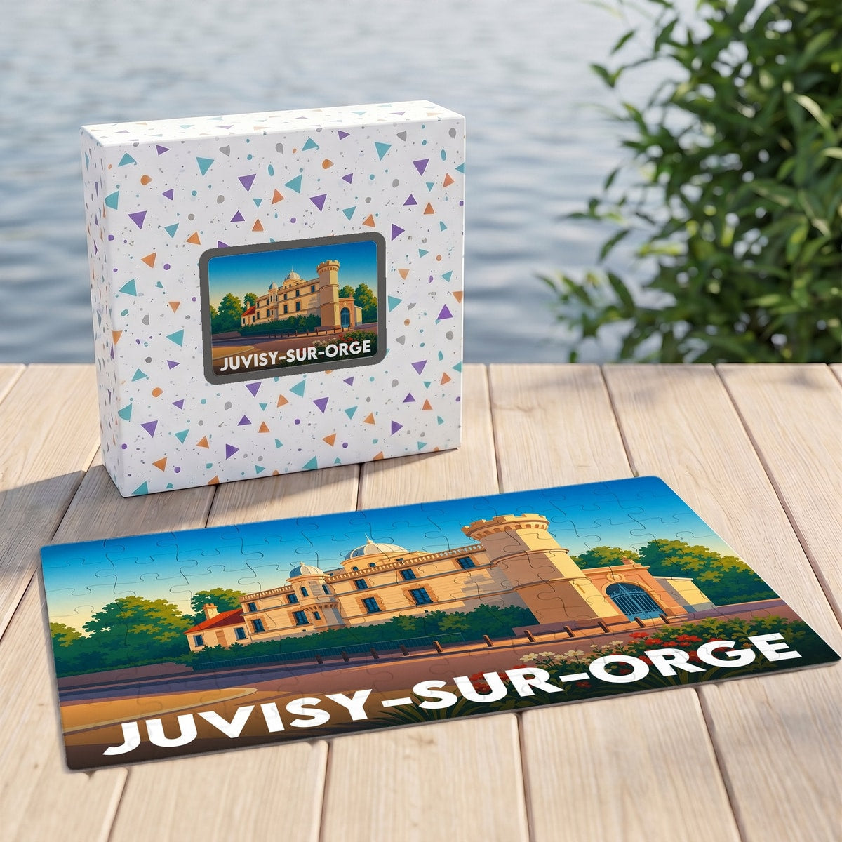 Puzzle souvenir de la ville de Juvisy-sur-Orge illustrant un château stylisé.