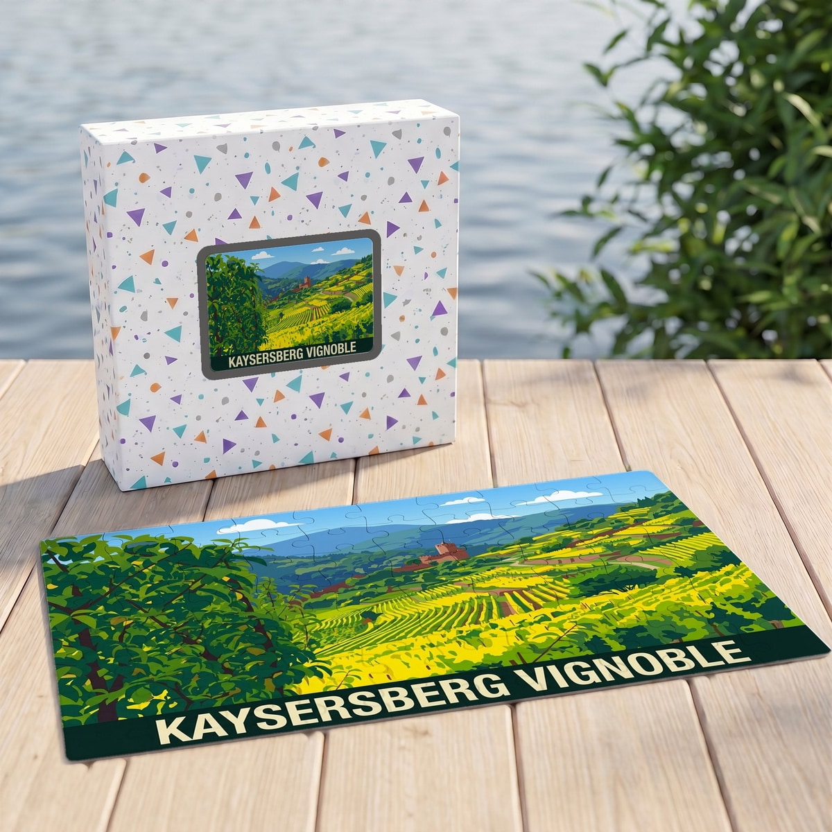 Puzzle souvenir de Kaysersberg Vignoble avec une illustration stylisée d'un paysage de vignes.