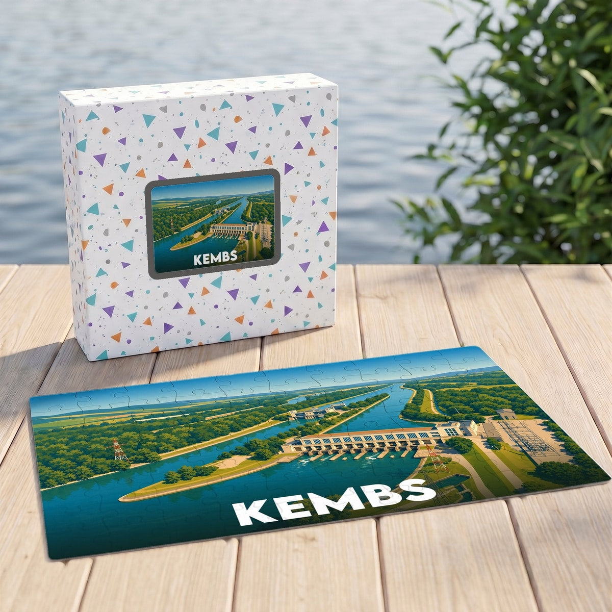Puzzle souvenir de la ville de Kembs avec une illustration stylisée de son barrage hydroélectrique.