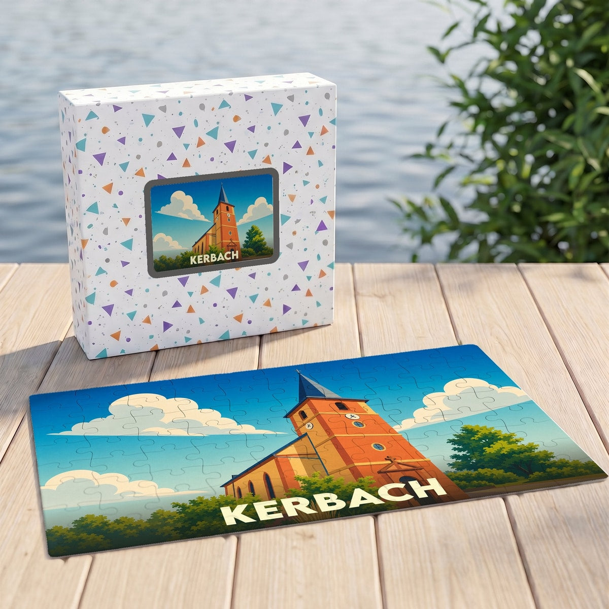 Puzzle souvenir de la ville de Kerbach avec une illustration stylisée de son église.