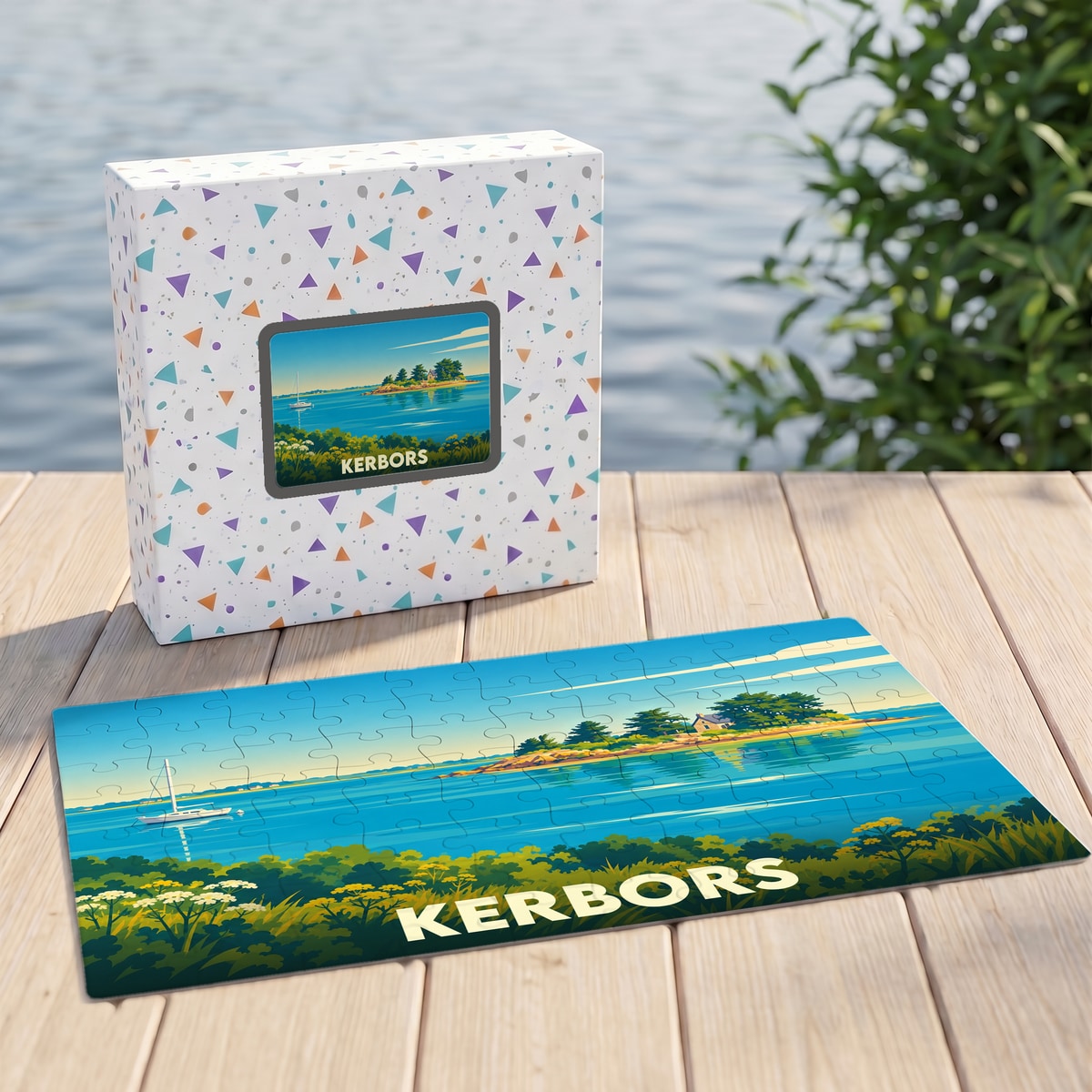 Puzzle souvenir de la ville de Kerbors avec une illustration stylisée de son littoral.