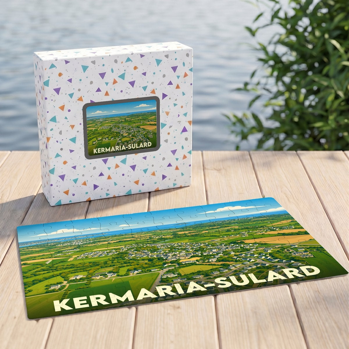 Puzzle souvenir de la ville de Kermaria-Sulard avec une illustration de paysage champêtre vue du ciel.