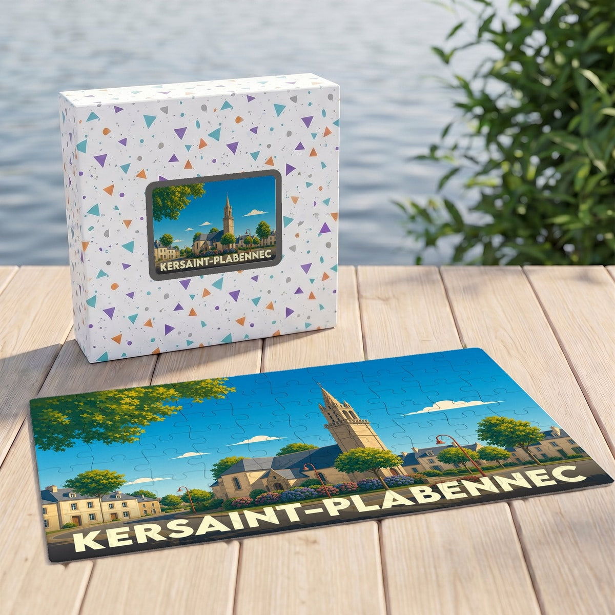 Puzzle souvenir de la ville de Kersaint-Plabennec avec une illustration stylisée d'une église et son clocher.