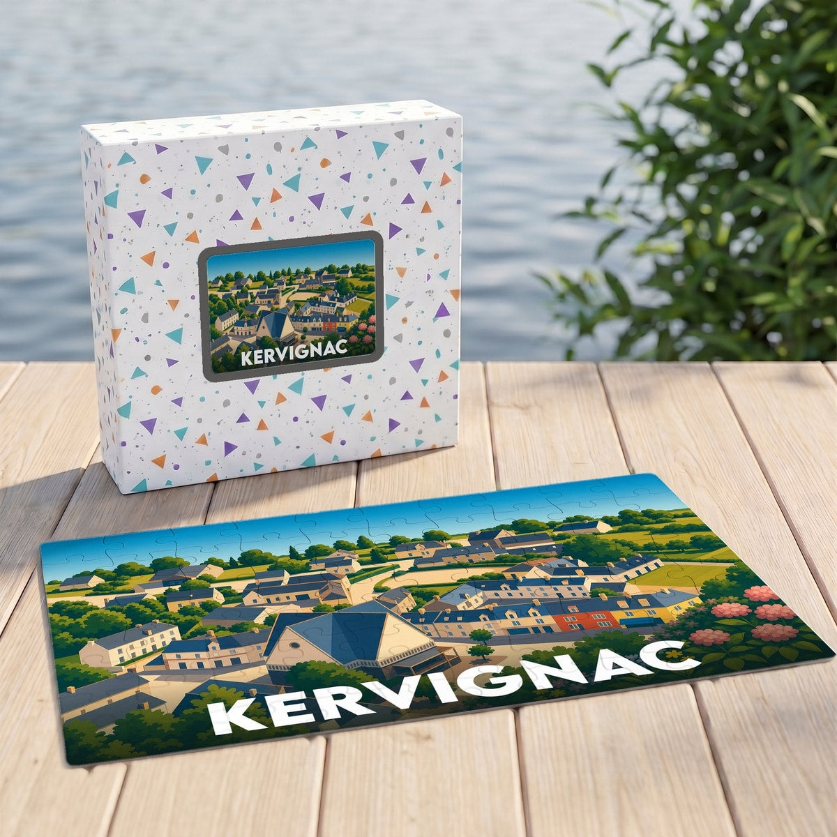 Puzzle souvenir de la ville de Kervignac avec une illustration stylisée et sa boîte assortie.