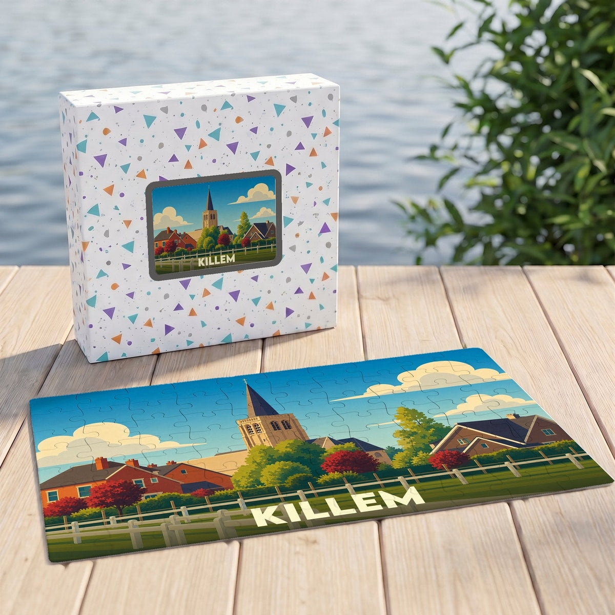 Puzzle souvenir de la ville de Killem avec une illustration stylisée et colorée.