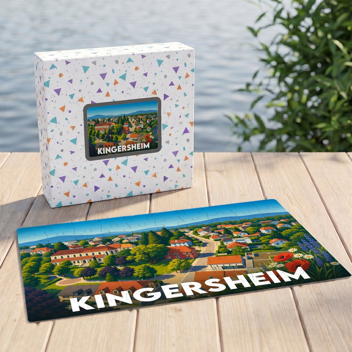 Puzzle souvenir de la ville de Kingersheim avec une illustration colorée et stylisée.