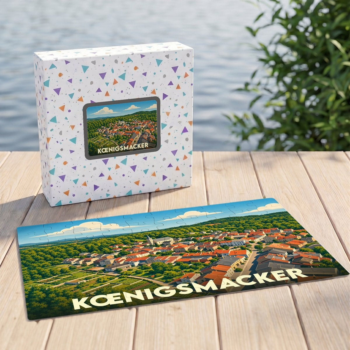 Puzzle souvenir de la ville de Kœnigsmacker avec une illustration stylisée d'une vue aérienne.