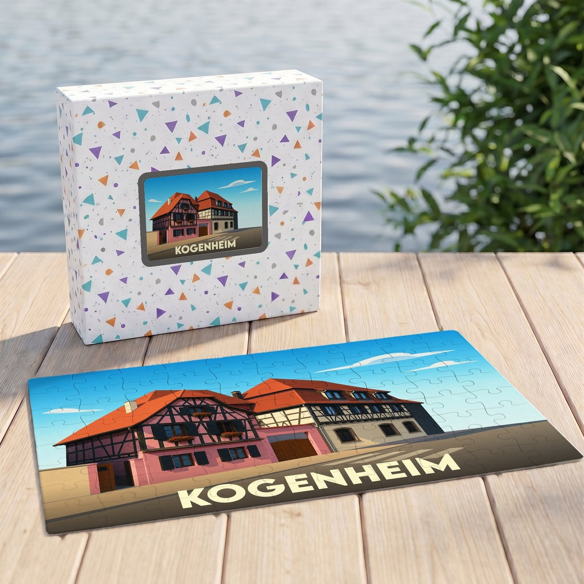 Puzzle souvenir de la ville de Kogenheim avec une illustration stylisée de maisons à colombages.