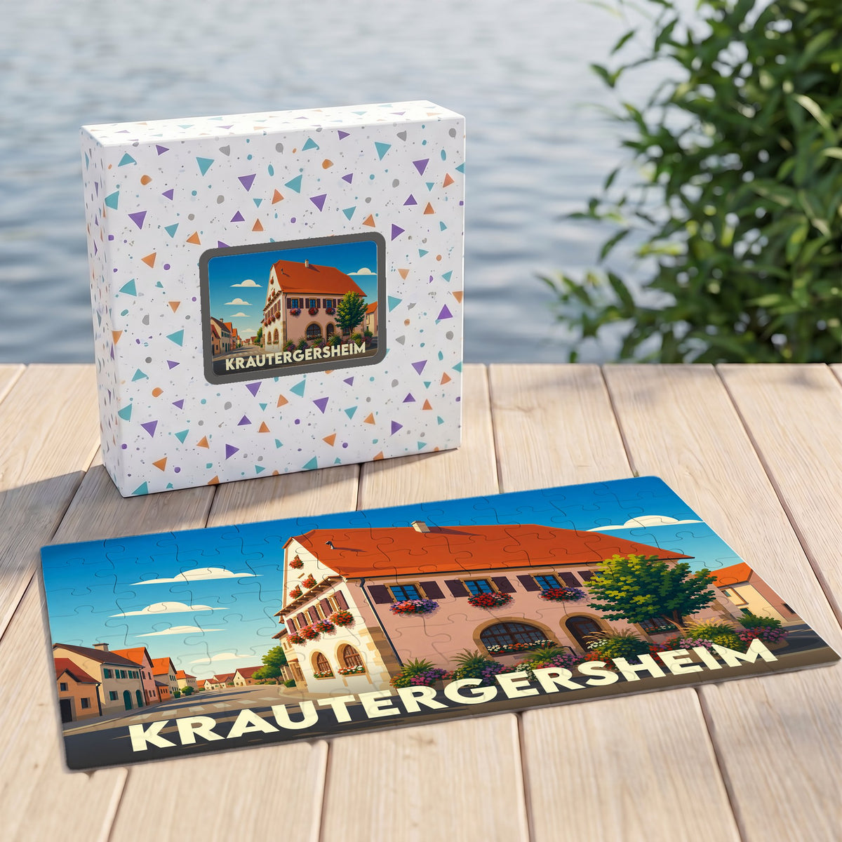 Puzzle souvenir de la ville de Krautergersheim avec une illustration stylisée d'une maison traditionnelle alsacienne.
