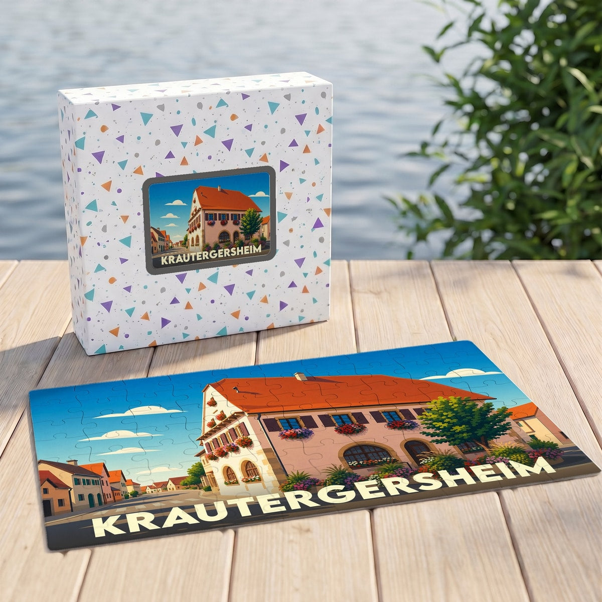 Puzzle souvenir de la ville de Krautergersheim avec une illustration stylisée d'une maison traditionnelle alsacienne.