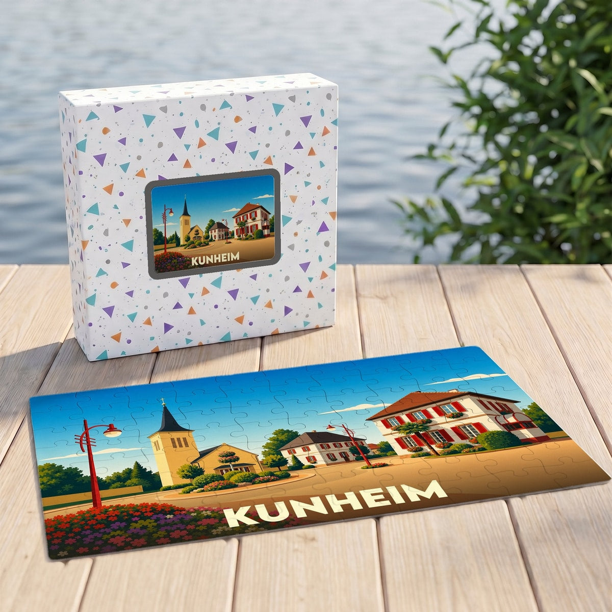 Puzzle souvenir de la ville de Kunheim avec une illustration stylisée.