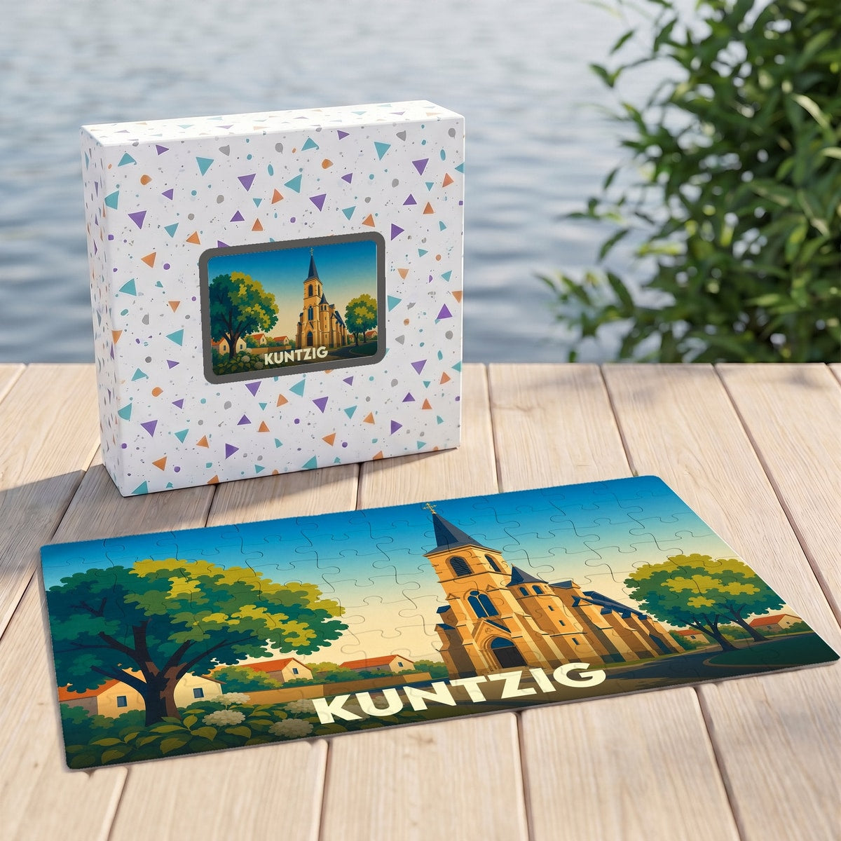 Puzzle souvenir de la ville de Kuntzig avec une illustration stylisée de son église.