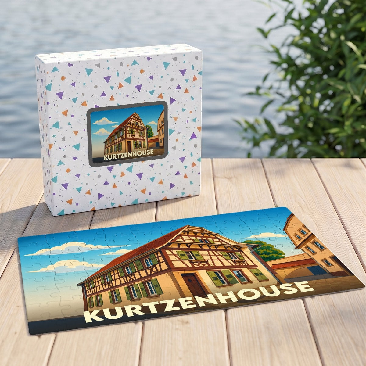 Puzzle souvenir de la ville de Kurtzenhouse avec une illustration stylisée d'une maison à colombages.