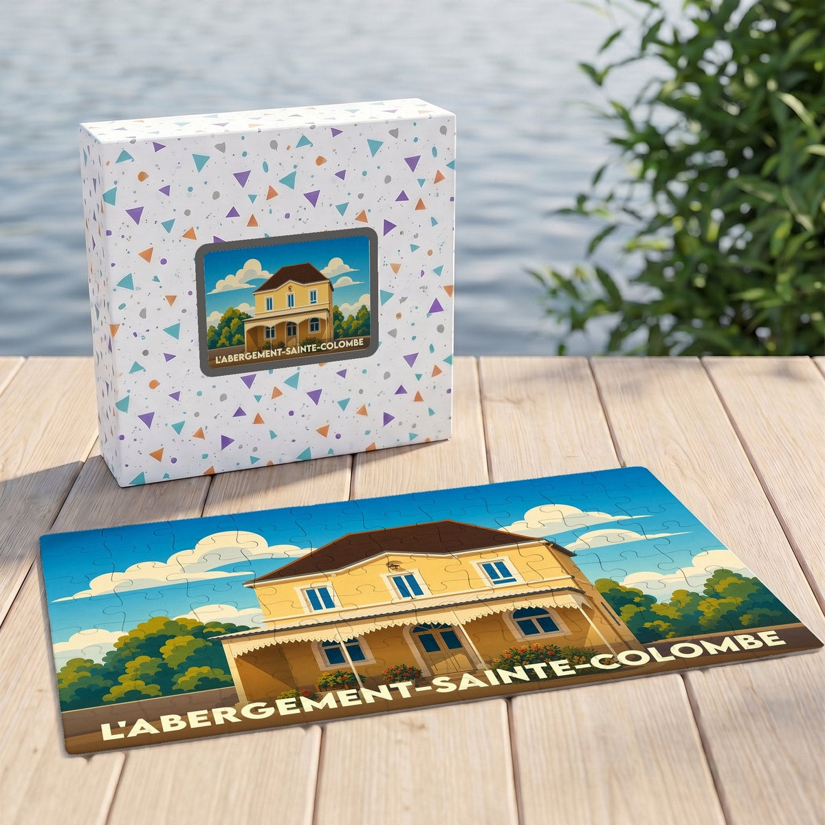 Puzzle souvenir de la commune de L'Abergement-Sainte-Colombe avec une illustration stylisée d'une maison traditionnelle.