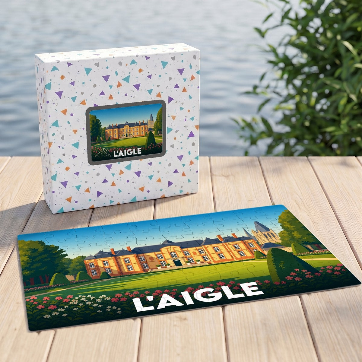 Puzzle souvenir de la ville de L'Aigle avec une illustration stylisée de son château et de ses jardins.