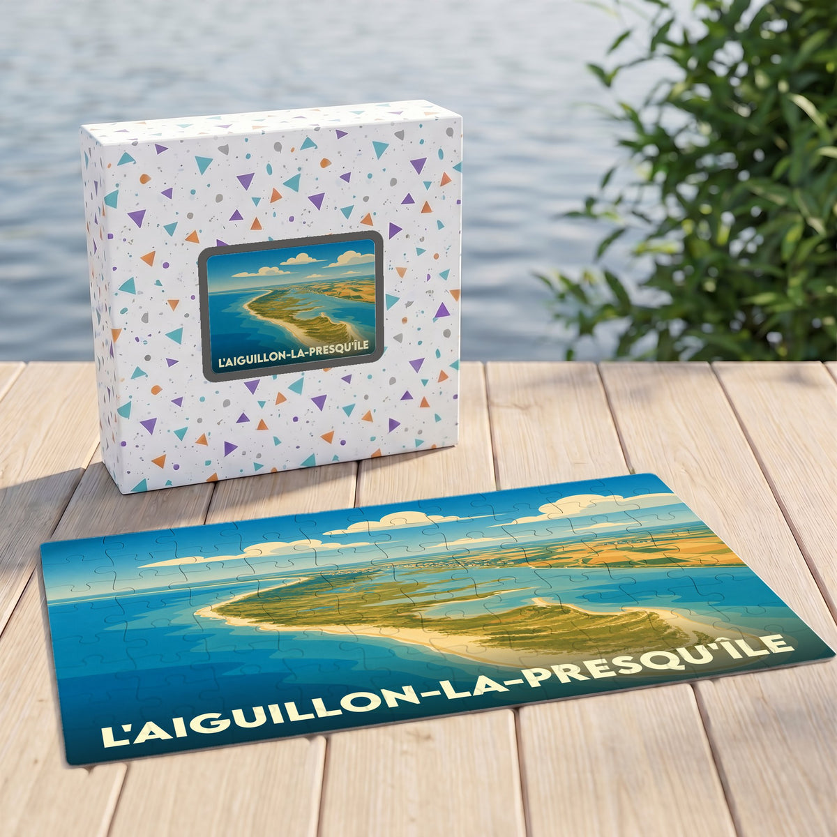 Puzzle souvenir de la ville de L'Aiguillon-la-Presqu'île avec une illustration stylisée de son littoral.
