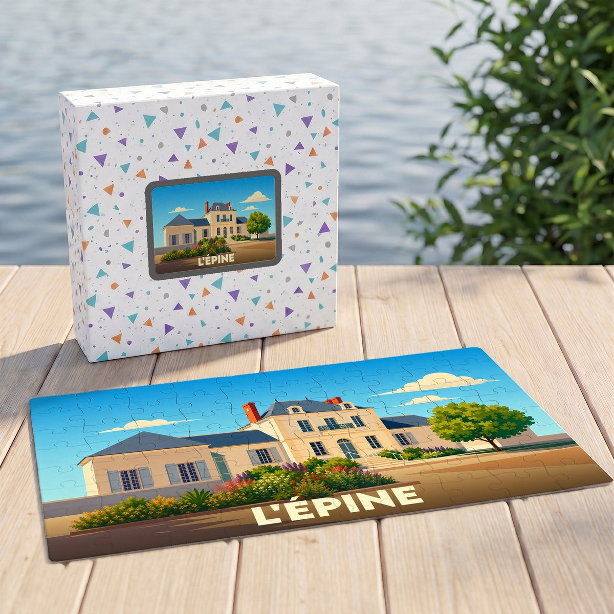 Puzzle souvenir de la ville de L'Épine avec une illustration stylisée d'une demeure traditionnelle.