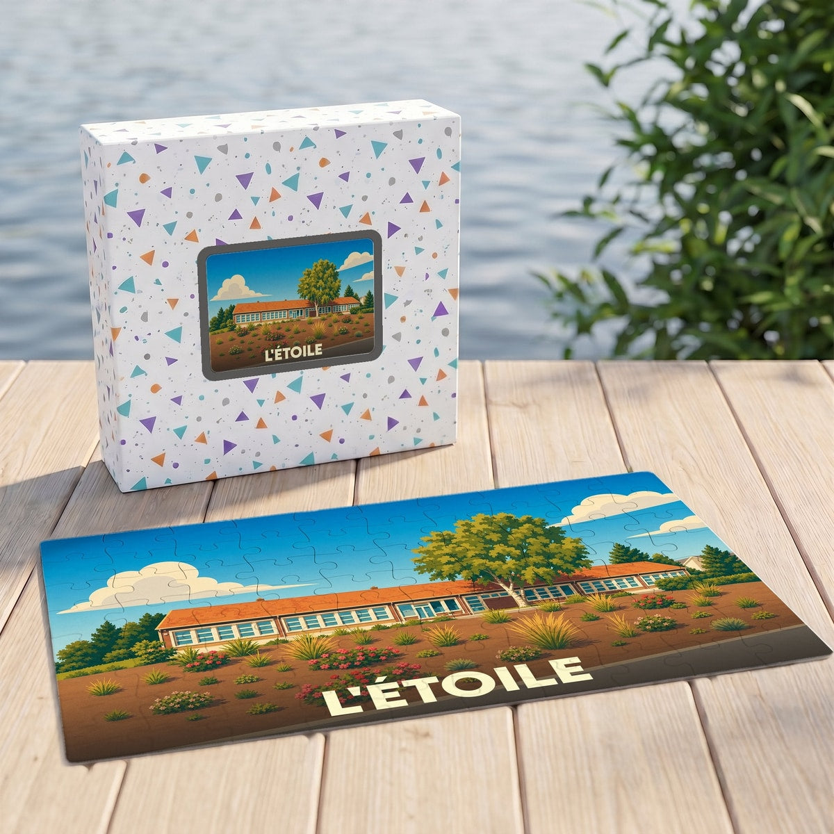 Puzzle souvenir de la ville de L'Étoile avec une illustration stylisée d'un bâtiment sous un ciel bleu.