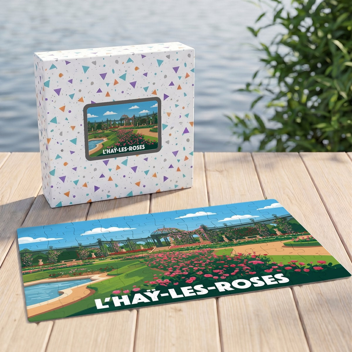 Puzzle souvenir de la ville de L'Haÿ-les-Roses représentant sa roseraie avec une illustration stylisée.