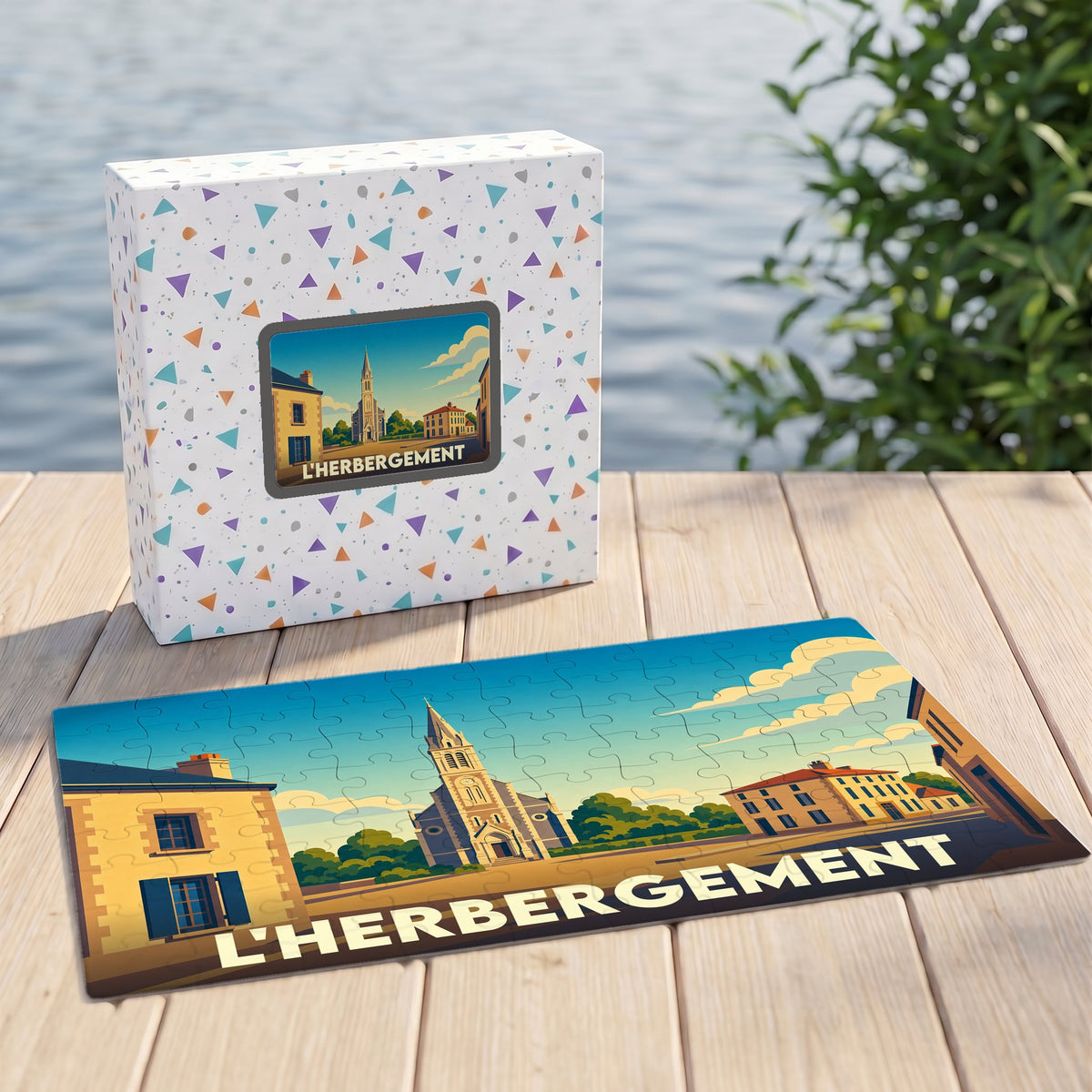 Puzzle souvenir de la ville de L'Herbergement avec une illustration stylisée.