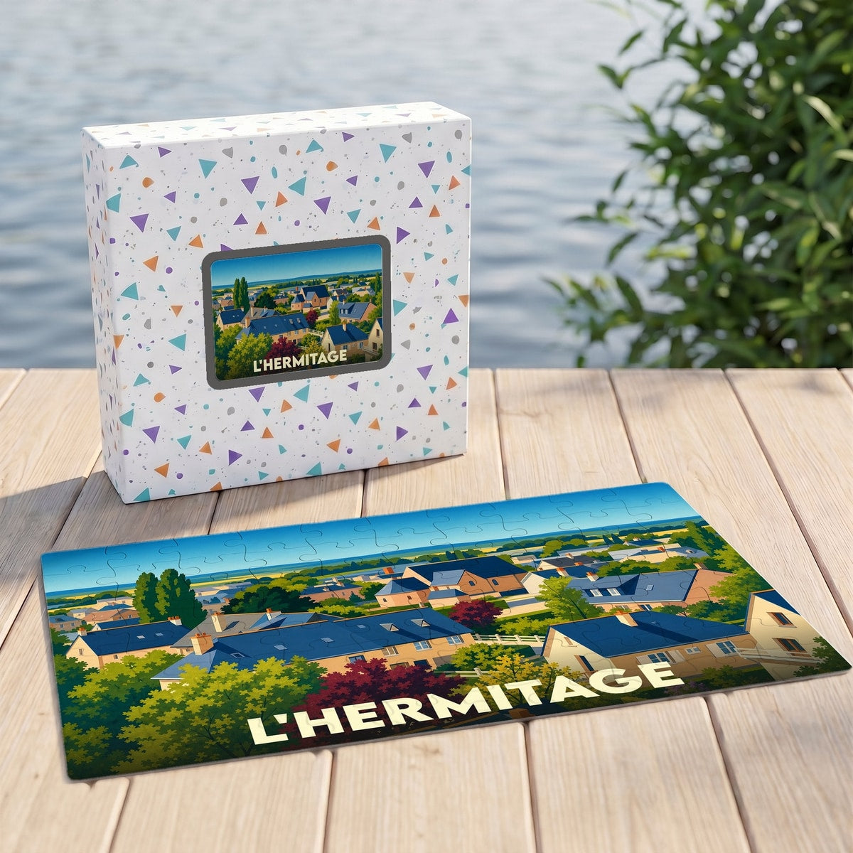 Puzzle souvenir de la ville de L'Hermitage avec une illustration stylisée et colorée de ses maisons.