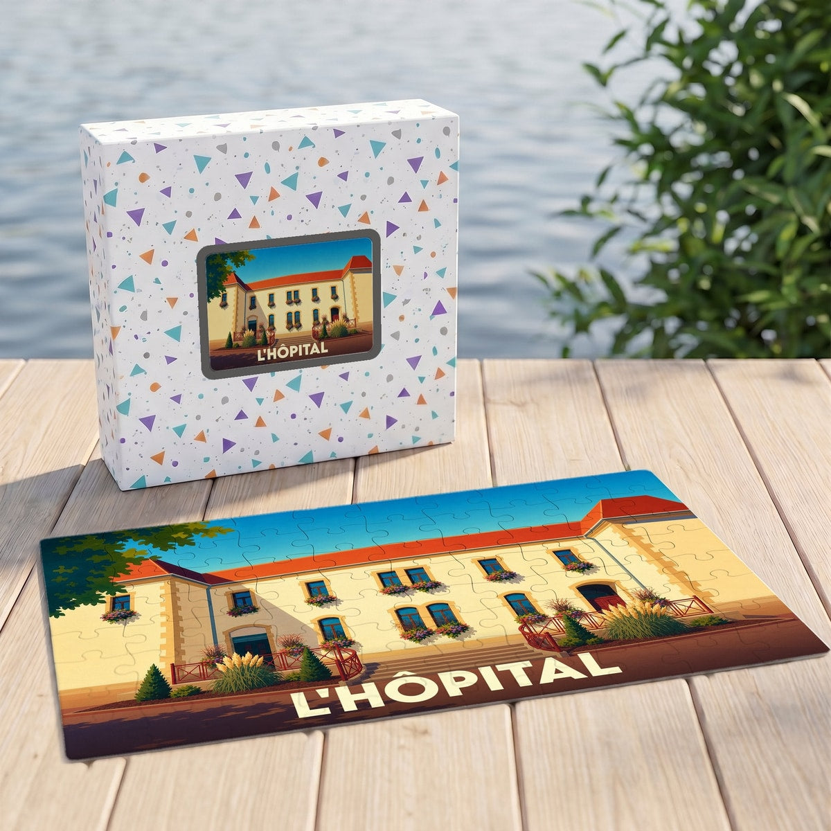 Puzzle souvenir de la ville de L'Hôpital avec une illustration stylisée d'un bâtiment remarquable.