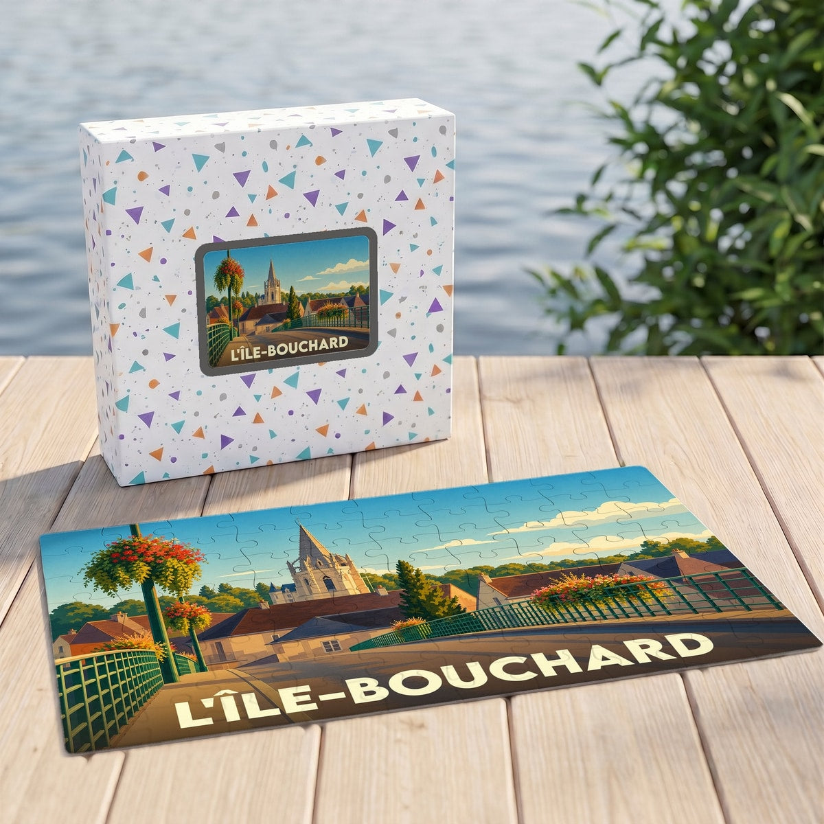 Puzzle souvenir de la ville de L'Île-Bouchard avec une illustration stylisée d'un pont et d'une église.