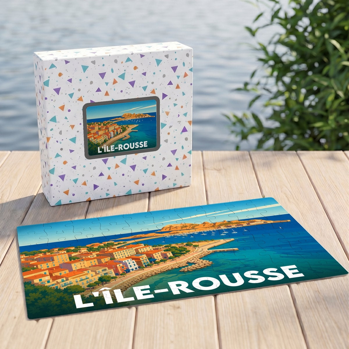 Puzzle souvenir de la ville de L'Île-Rousse avec une illustration stylisée d'un paysage côtier.
