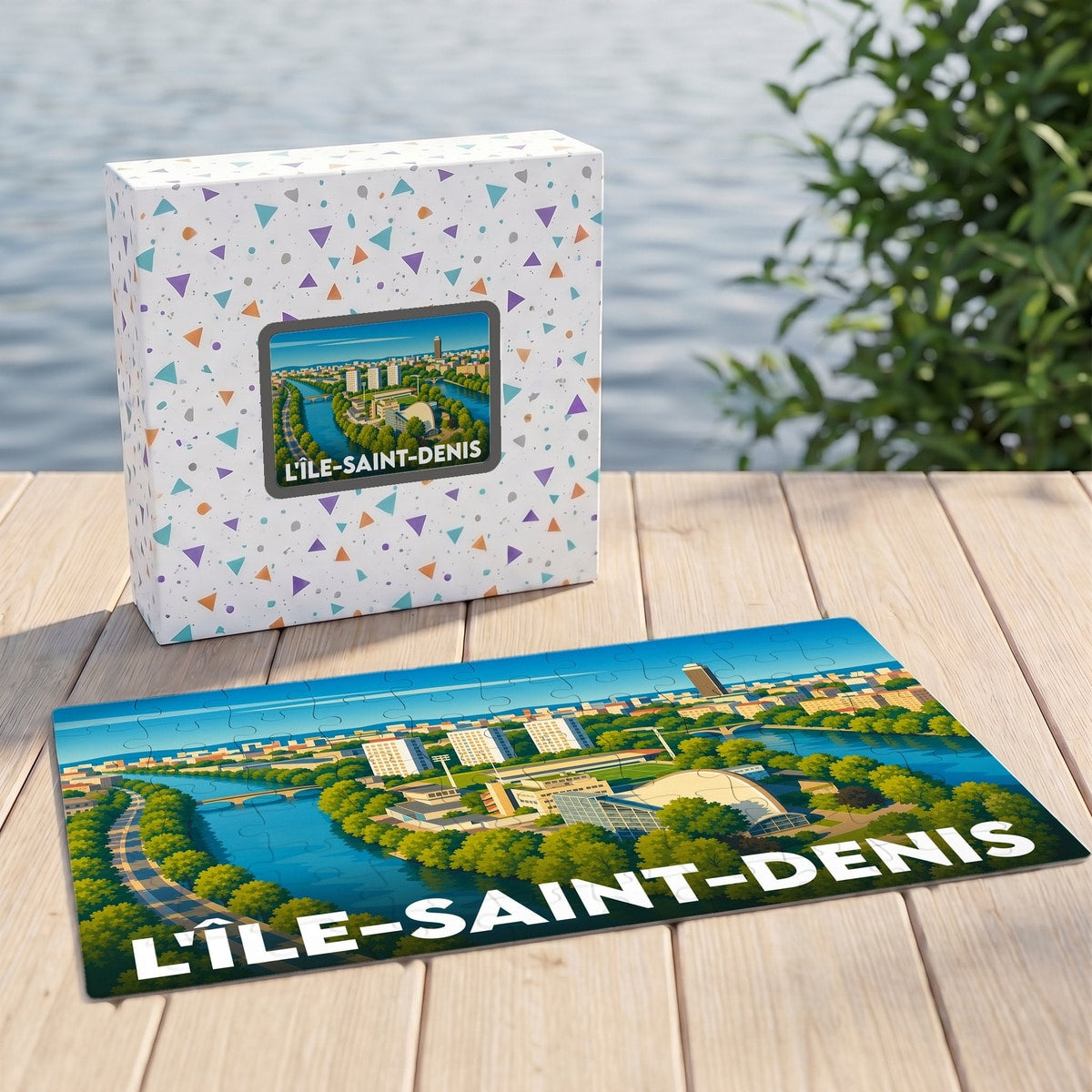 Puzzle souvenir de la ville de L'Île-Saint-Denis avec une illustration colorée et stylisée des bords de Seine.