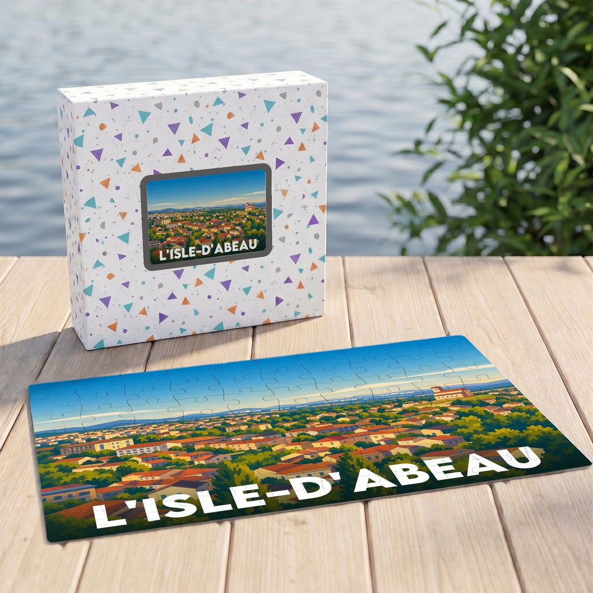 Puzzle souvenir de la ville de L'Isle-d'Abeau avec une illustration panoramique stylisée.