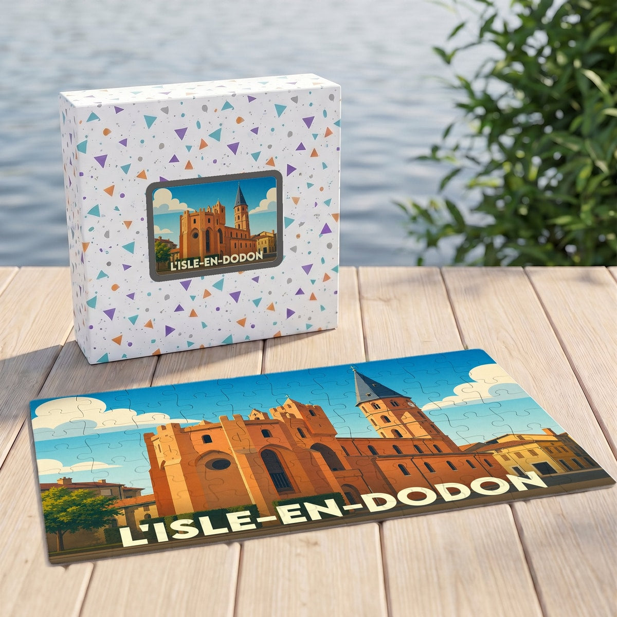 Puzzle souvenir de la ville de L'Isle-en-Dodon avec une illustration stylisée de son église fortifiée.