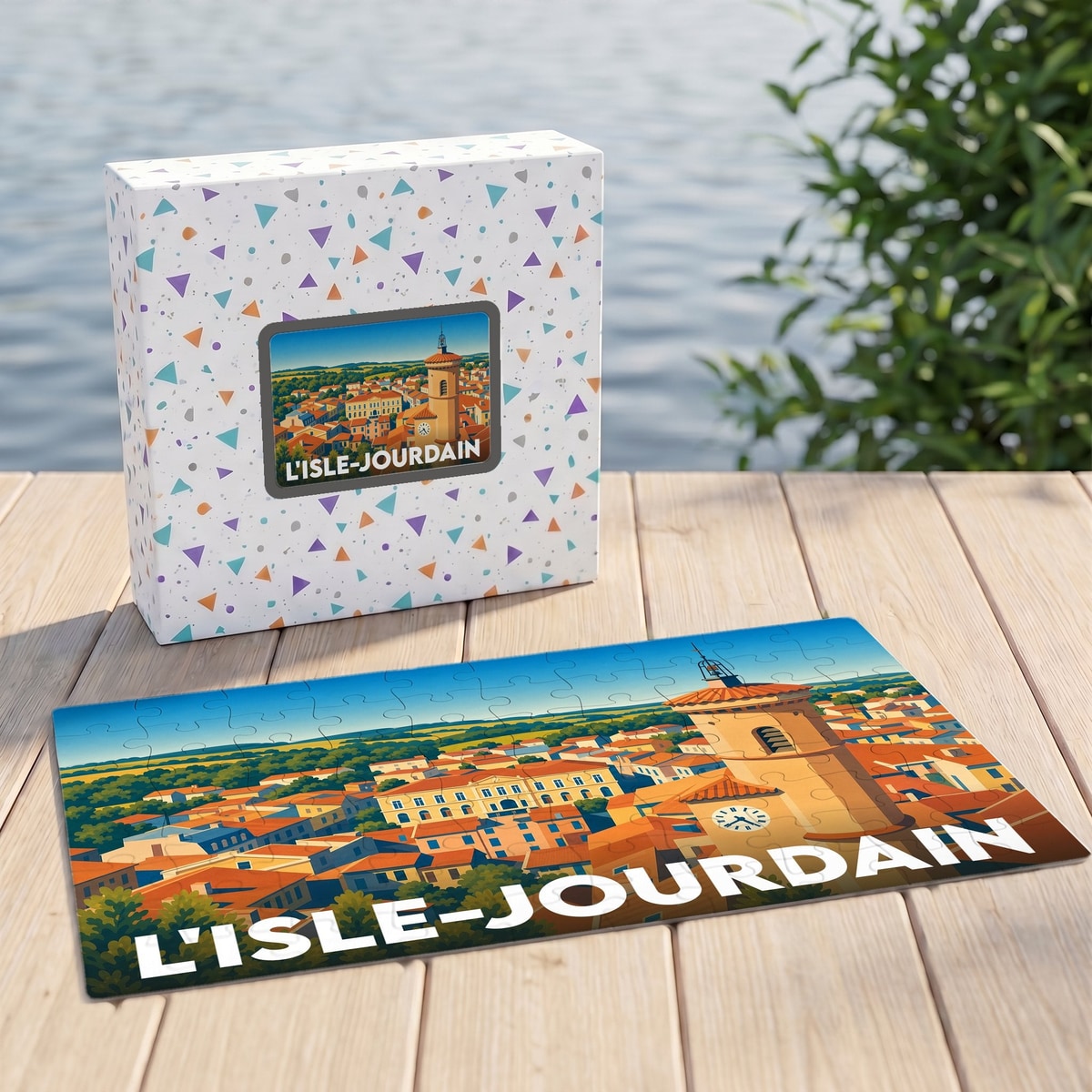 Puzzle souvenir de la ville de L'Isle-Jourdain avec une illustration stylisée d'un panorama urbain.