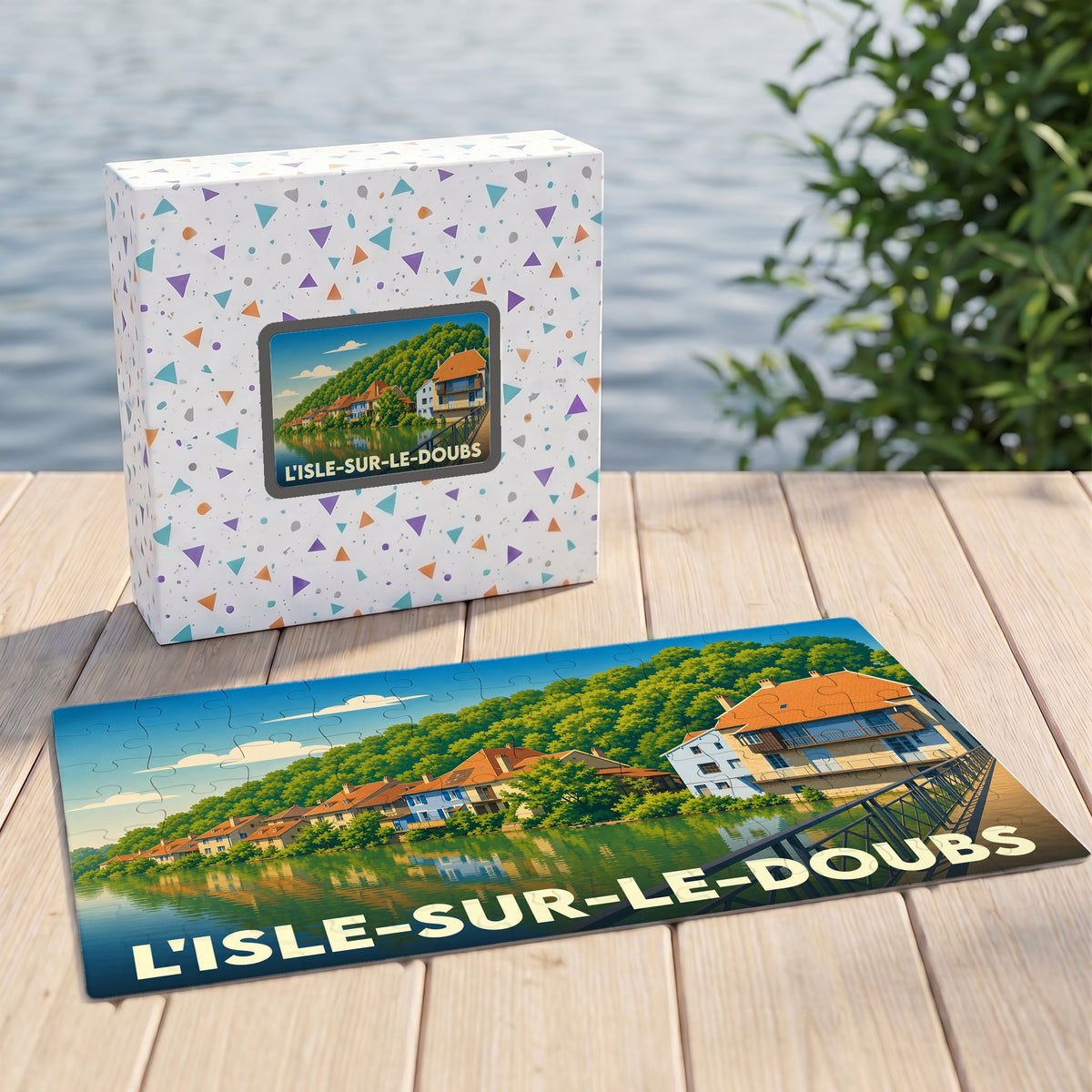 Puzzle souvenir de la ville de L'Isle-sur-le-Doubs avec son illustration stylisée et sa boîte assortie.