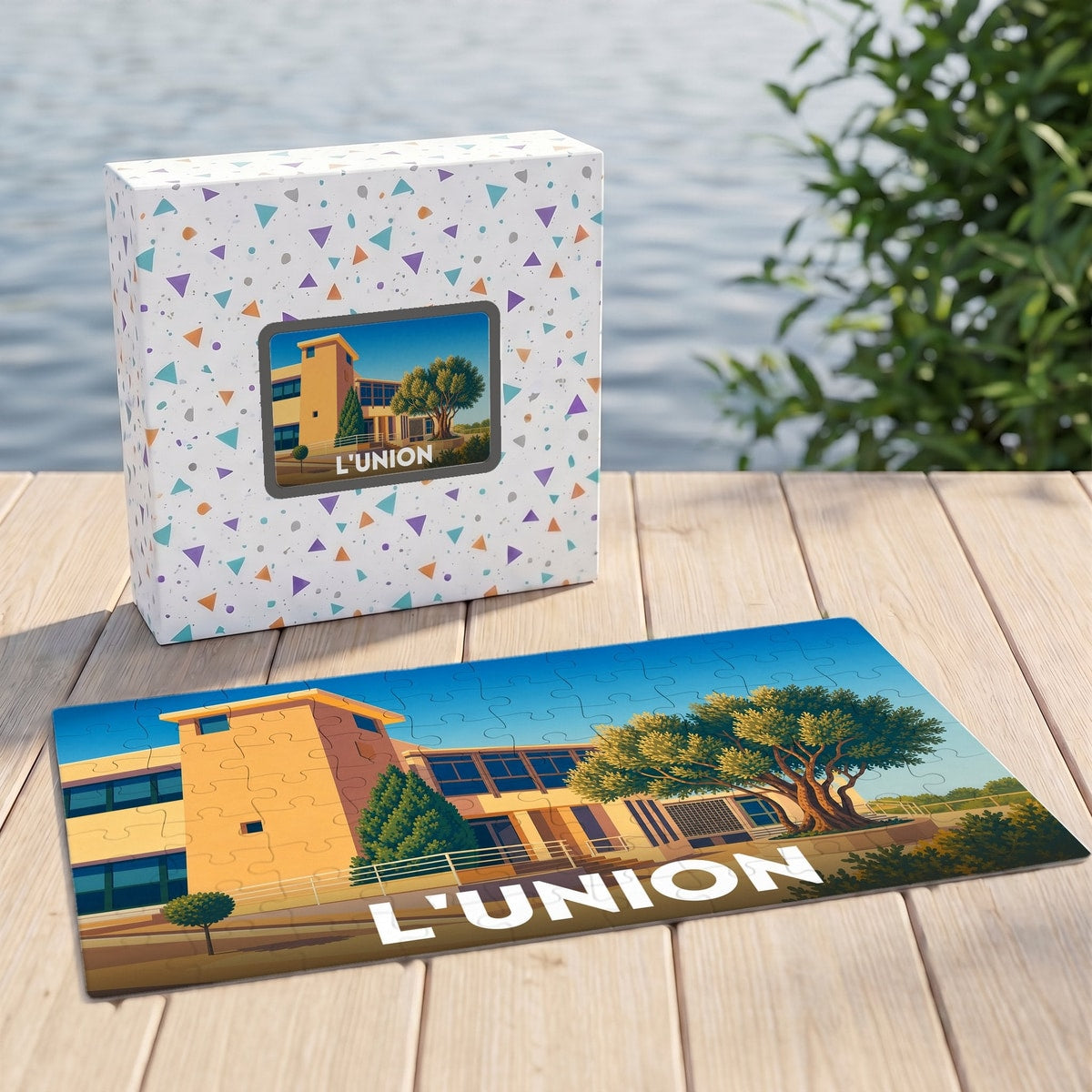 Puzzle souvenir de la ville de L'Union avec une illustration stylisée d'un bâtiment emblématique et de la végétation locale.
