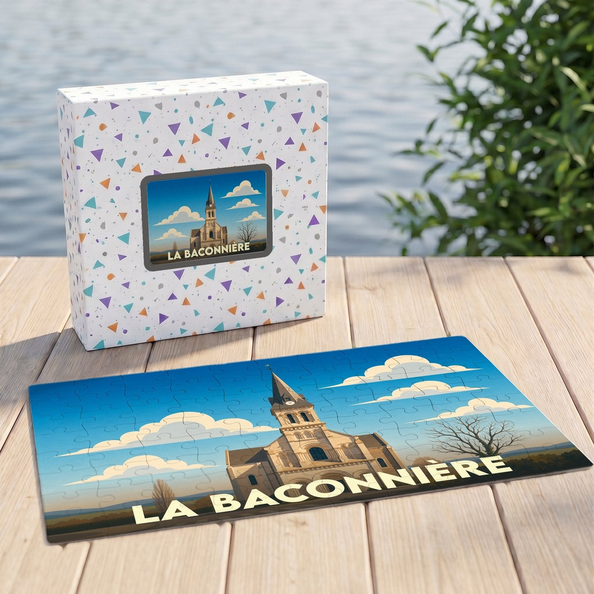 Puzzle souvenir de la ville de La Baconnière avec une illustration stylisée de son église.
