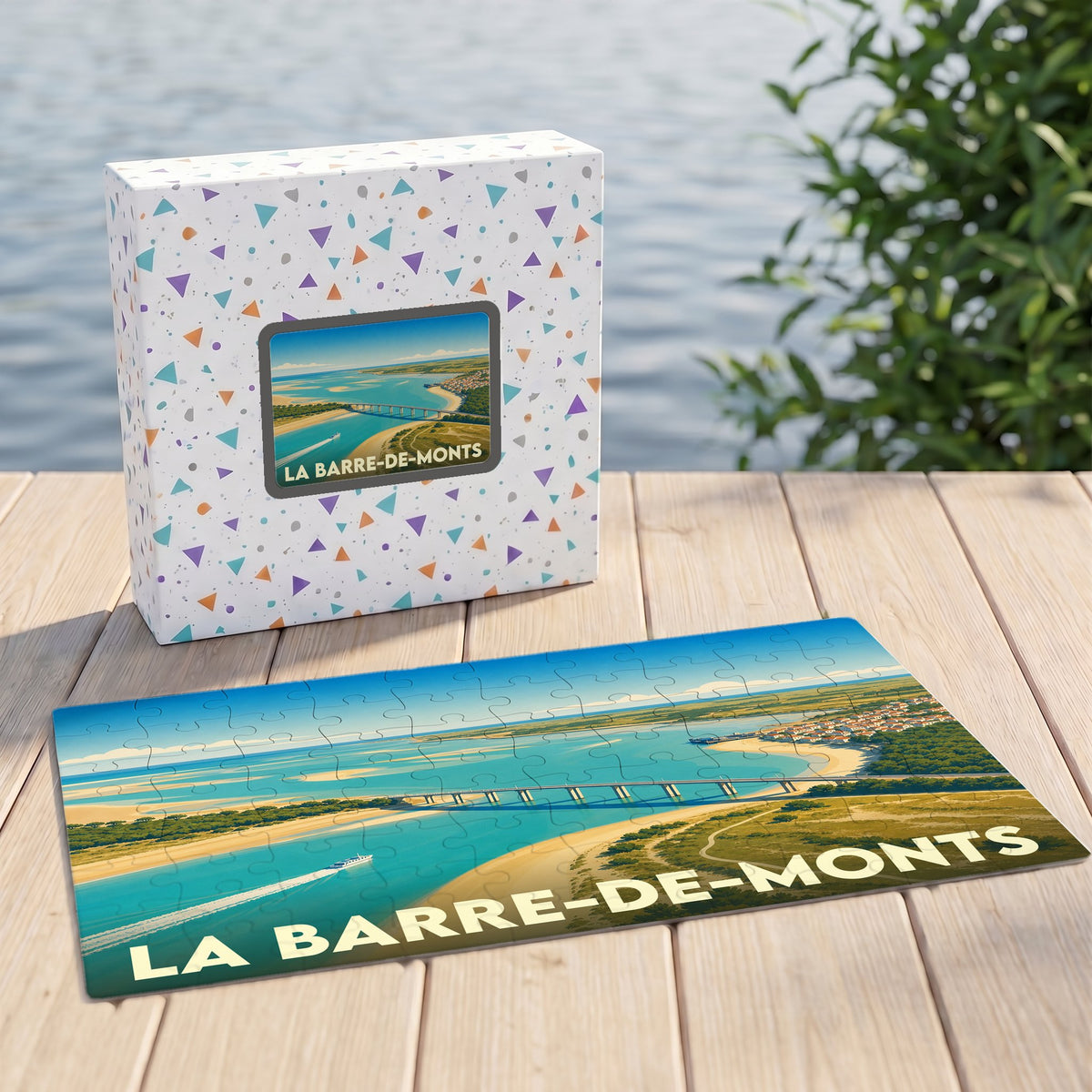 Puzzle souvenir de la ville de La Barre-de-Monts avec une illustration de paysage côtier.